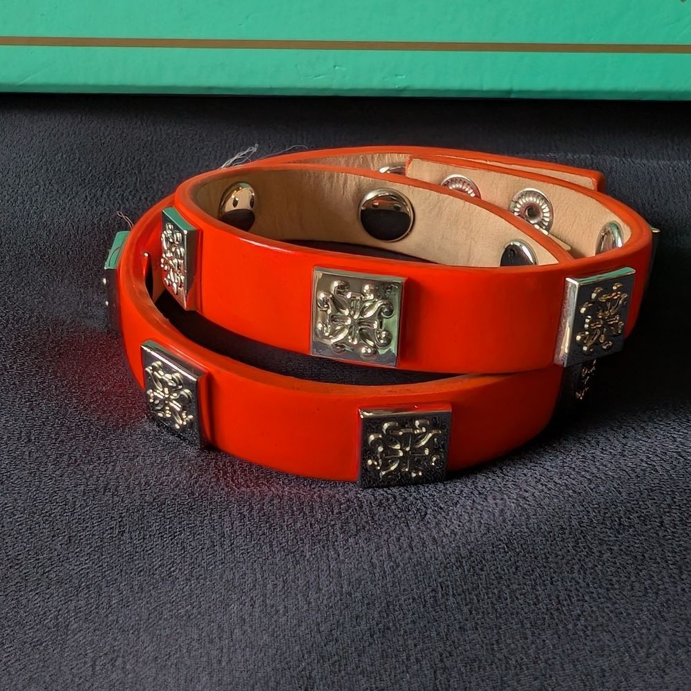 Rustic Cuff Bright Orange And Silver Leather Wrap Bracelet